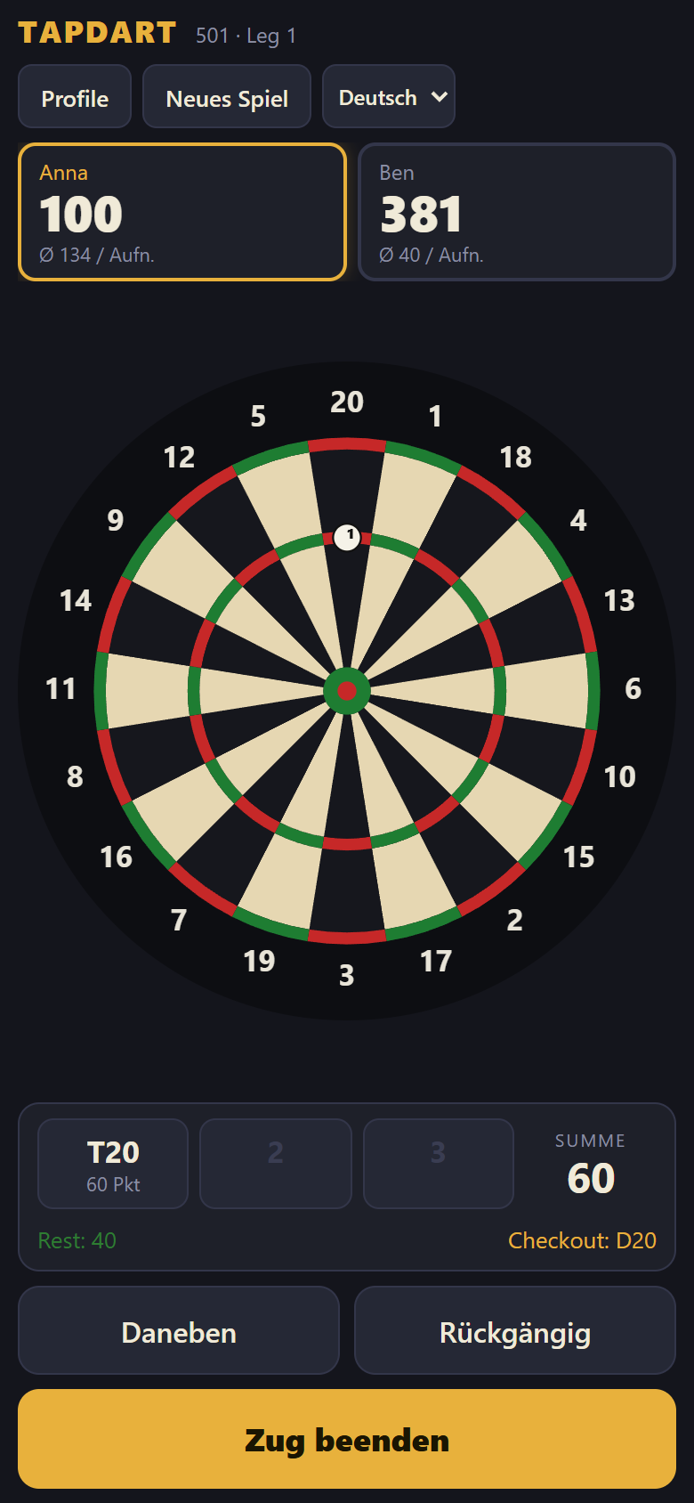 TapDart während einer Aufnahme: Scoreboard, Dartscheibe mit Markern und Checkout-Vorschlag