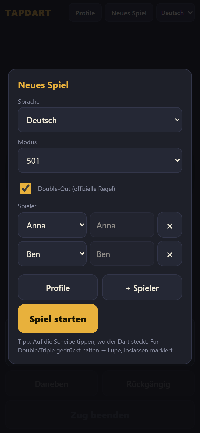 Spiel-Setup in TapDart: Modus, Double-Out und Spieler mit Profilen